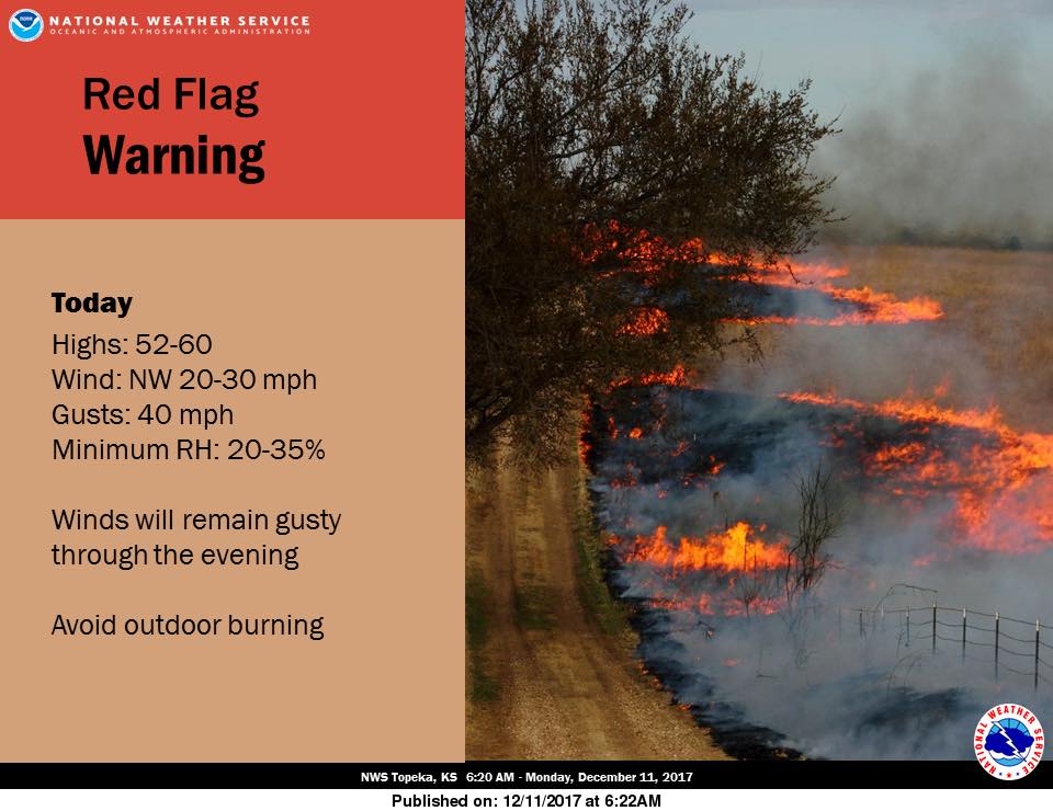 A wildfire burns alongside a grassy field under a smoky sky. Text warns of a red flag warning with high winds, low humidity, and urges avoidance of outdoor burning due to dangerous fire conditions.