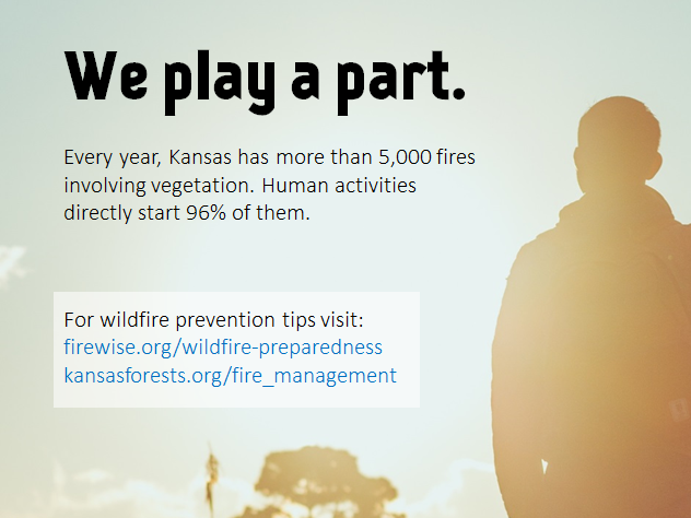 A silhouette of a person stands near trees at sunset with text about Kansas wildfires, stating 96% are caused by humans. Two links for wildfire prevention tips are provided.