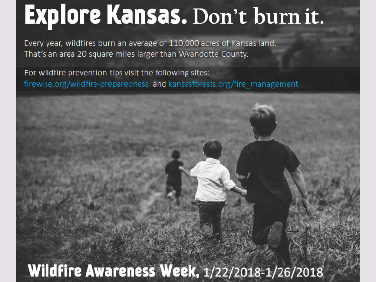 Black-and-white image of three children running through a grassy field. Text promotes Kansas wildfire awareness, with prevention tips and dates for Wildfire Awareness Week: 1/22/2018–1/26/2018.
