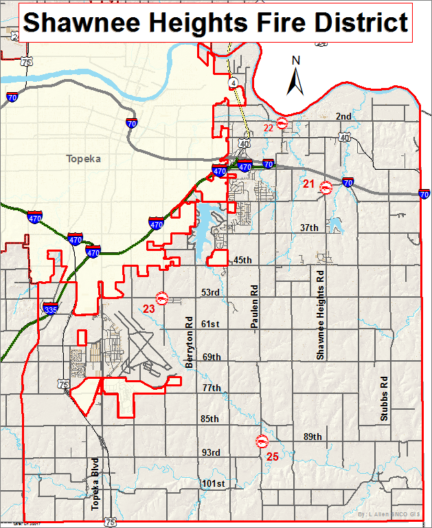 Map of the Shawnee Heights Fire District, outlined in red, showing major roads, highways, and labeled sections 21, 23, and 25 within the district. A north arrow and the city of Topeka are also visible.