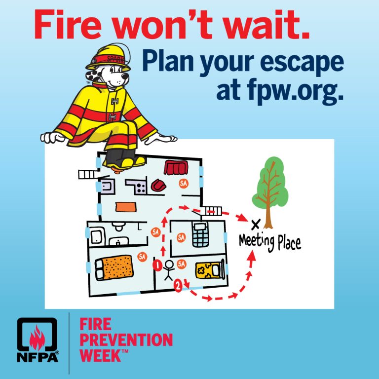 A cartoon firefighter dog sits on a house floor plan showing a fire escape route. Text reads: "Fire won't wait. Plan your escape at fpw.org." NFPA and Fire Prevention Week logos are shown.