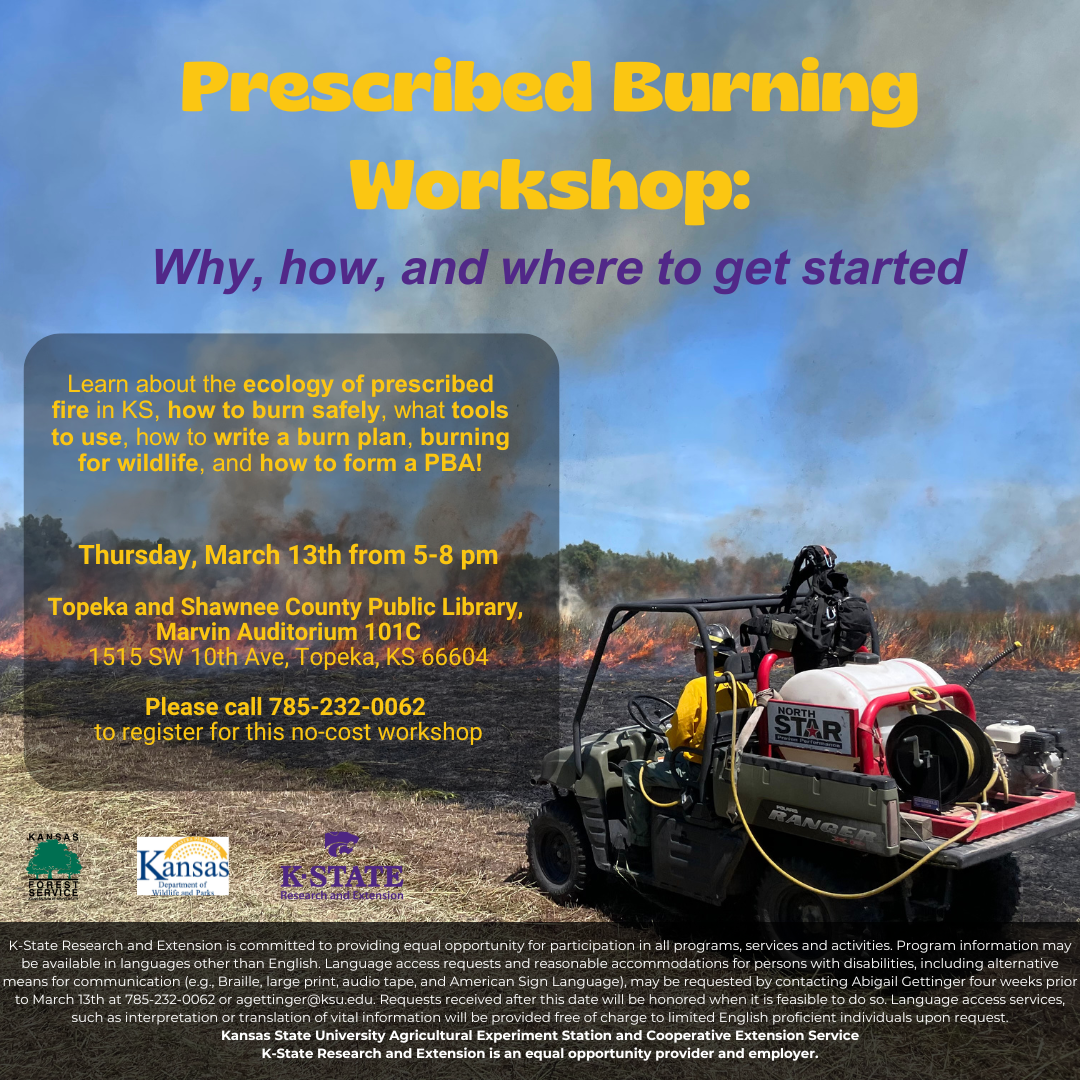 A person in safety gear stands by a small utility vehicle with firefighting equipment, overseeing a controlled grass fire. Text overlays promote a prescribed burning workshop with event details and registration information.
