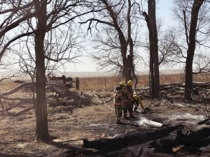 Three firefighters in yellow helmets stand among charred trees and ground, using hoses to extinguish remaining hotspots after a wildfire in a dry, leafless forest. A fire truck is visible in the background.